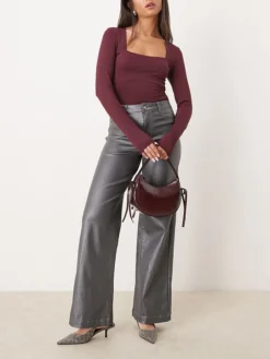 JDY High Waisted Wide Leg Metallic Jeans In Grey For Women
