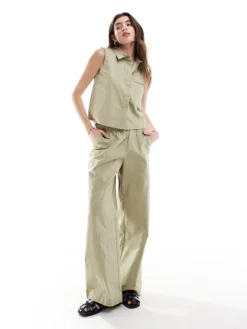 JDY Sleeveless Shirt & Trouser Co-ord In Sage Green