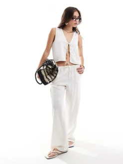 JDY Tie Front Waistcoat And Trousers In White