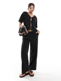 JDY Tie Front Top & Trousers Co-ord In Black