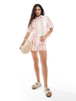 JDY Shirt & Shorts Co-ord In White And Pink Stripes