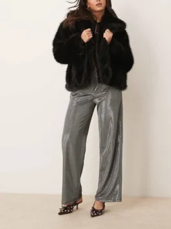 JDY Ribbed Wide Leg Trousers In Silver For Women