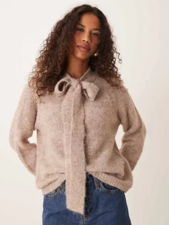 JDY Bow Detail Knitted Jumper In Beige Melange For Women