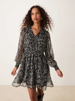 JDY V Neck Smock Mini Dress In Black Leo Print For Women Animal Print