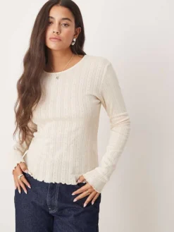 JDY Long Sleeve Lettuce Edge Top In White For Women