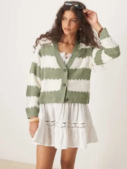 JDY Slouchy Open Knit Cardigan In Green Stripes For Women Light Green