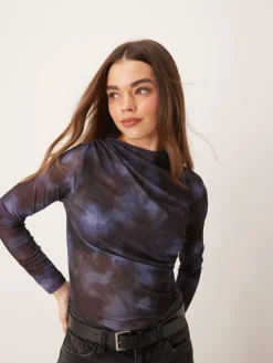 JDY Ruched Mesh Top In Blue Abstract Print For Women Mid Blue