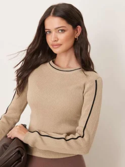 JDY Contrast Details Ribbed Knitted Jumper In Beige For Women