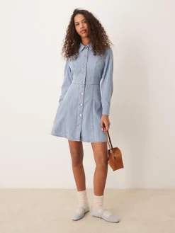 JDY Long Sleeve Belted Denim Dress In Light Wash Blue For Women Light Blue