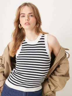 JDY Ribbed Knitted Tank Top In Navy Stripes For Women