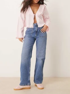 JDY High Waist Wide Leg Jeans In Mid Blue For Women