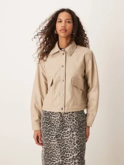 JDY Faux Leather Jacket With Collar In Beige For Women