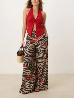JDY Pull On Wide Leg Trousers With Zebra Print For Women White