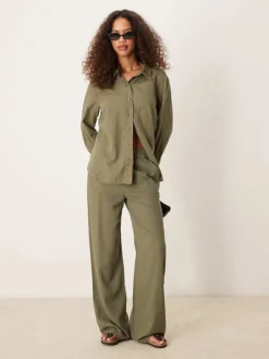 JDY Wide Leg Linen Blend Trouser Co-ord In Khaki