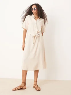 JDY Linen Mix Midi Shirt Dress In Beige For Women