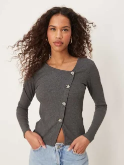 JDY Asymetric Ribbed Button Detail Top In Dark Grey For Women