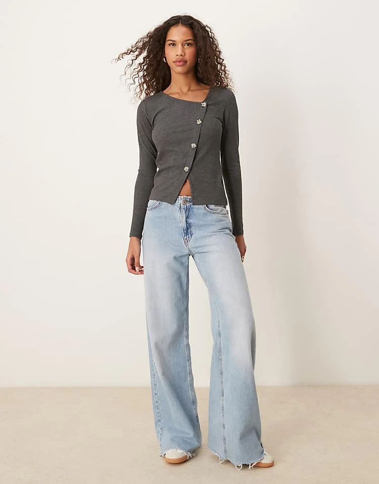 JDY Asymetric Ribbed Button Detail Top In Dark Grey For Women 2 JDY Asymetric Ribbed Button Detail Top In Dark Grey For Women - Image 2