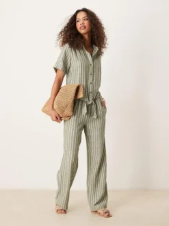 JDY Shirt & Trouser Co-ord In Sage Stripes