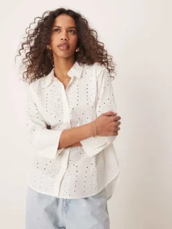JDY Boxy Fit Embroidered Shirt In White For Women