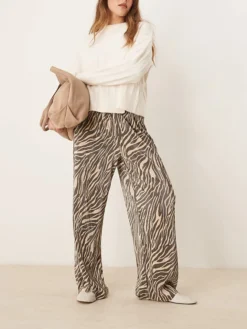 JDY Plisse Trousers In Zebra Print For Women Stone