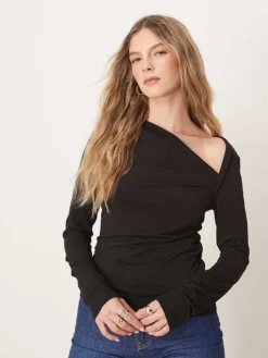 JDY Asymmetric Neck Slinky Long Sleeve Top In Black For Women