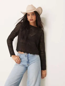 JDY Boatneck Broderie Long Sleeve Top In Black For Women