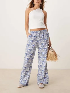 JDY Tie Waist Wide Leg Trousers In Blue Tile Print For Women Light Blue