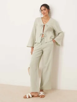 JDY Tie Front Cheesecloth Shirt Co-ord In Sage For Women Light Green