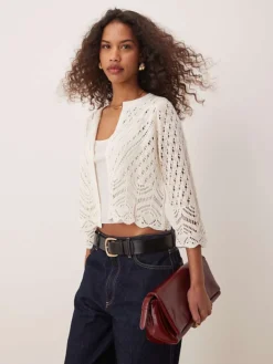 JDY 3/4 Sleeve Crop Broderie Cardigan In Stone For Women