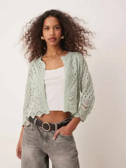 JDY 3/4 Sleeve Crop Broderie Cardigan In Light Sage For Women Light Green