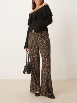 JDY Wide Leg Textured Trousers In Leopard Print For Women Brown
