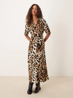 JDY Short Sleeve Tie Waist Maxi Shirt Dress In Leo Print For Women Brown