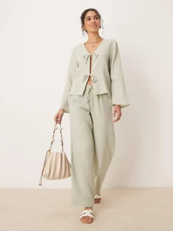 JDY Wide Leg Cheesecloth Trousers Co-ord In Sage For Women Light Green