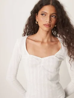 JDY Square Neck Long Sleeve Pointelle Top In White For Women