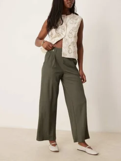 JDY High Waisted Crop Wide Fit Trousers In Dark Green For Women Kambaba
