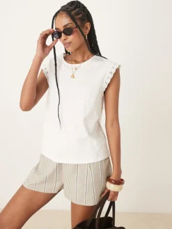 JDY Crochet Trims Cap Sleeve T-shirt In White For Women