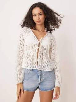JDY Tie Front Broderie Detail Top In White For Women