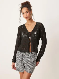 JDY Tie Front Crochet Cardigan In Black For Women
