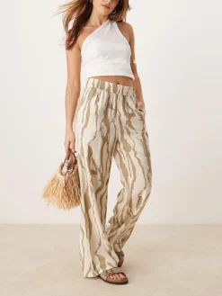 JDY Wide Leg Trousers In Abstract Print For Women Stone