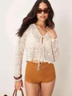 JDY Tie Front Crochet Cardigan In Beige For Women