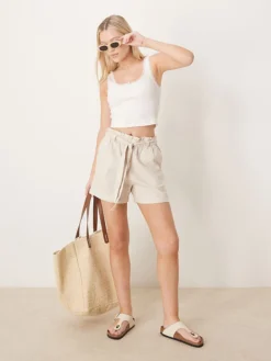 JDY Linen Mix Tie Waist Shorts In Cream For Women Moonbeam