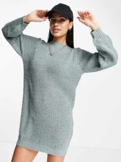 JDY Wide Neck Knitted Mini Jumper Dress In Blue For Women